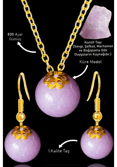 Sertifikalı Küre Model Kunzit Taşı Kolye Ve Küpe Seti - Gümüş Apa Çok Renkli