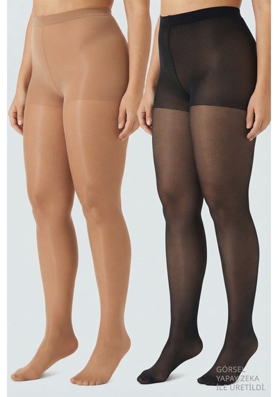 Cottonhıll İnce 15 Denye Siyah-nude 2'li Büyük Beden Külotlu Çorap Renkli-4