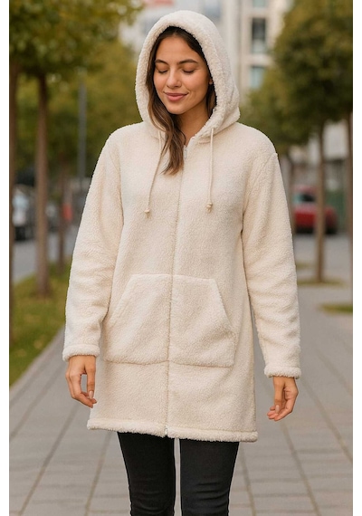Tenra Kadın Peluş Mont Kapüşonlu Geniş Kalıp Krem Krem