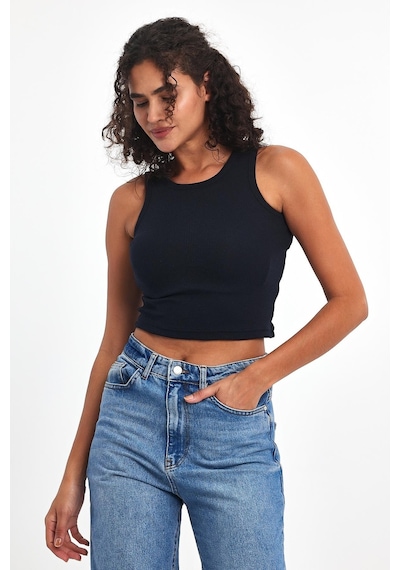 Comeor Kadın Lacivert Fitilli Görünümlü Askılı Kalın Esnek Örme Basic Crop Atlet Bluz Cmrb93
