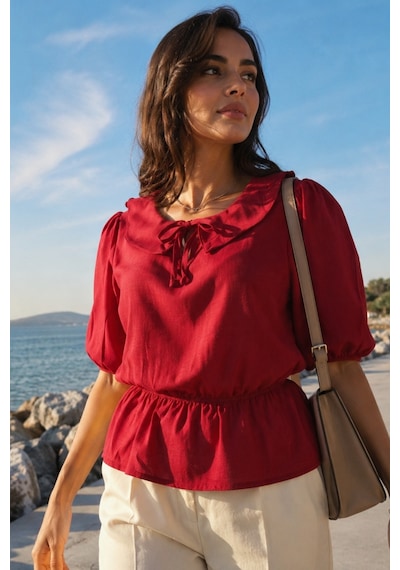 Armonika Kadın Kırmızı Bebe Yaka Beli Ve Kolları Lastikli Bluz Arm-26y001101