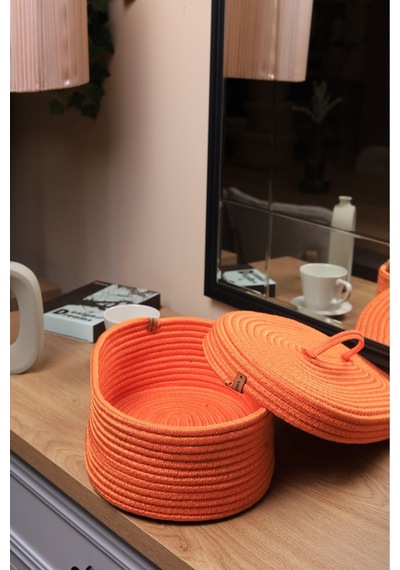 Hasır Jüt Sepet Oval Kapaklı Organizer Düzenleyici 30x20x10 Cm Portakal Portakal