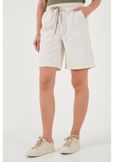 Lela Pamuklu Relaxed Fit Yüksek Bel Cepli Mini Bayan Şort 668Yp5384 Taş