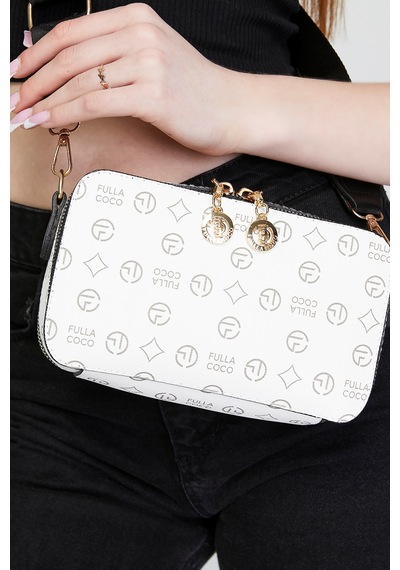 Morpelikan Beyaz Monogram İki Bölmeli Kolon Askılı Omuz Çantası Beyaz