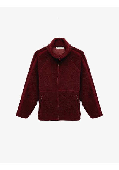 Koton Uzun Kollu Dik Yaka Cep Detaylı Fermuarlı Oversize Peluş Ceket Bordo 6wmg60028ık