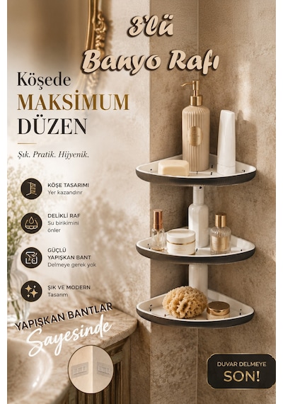 Porsima 0447 3'lü İstiridye Banyo Köşe Rafı Yapışkanlı Raf Antras Antrasit