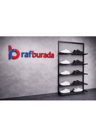 5 Raflı Duvara Monte Tel Pano Rafı - Tel Pano Stand, Duvar Askılığı Siyah-30x100x200 Cm Siyah