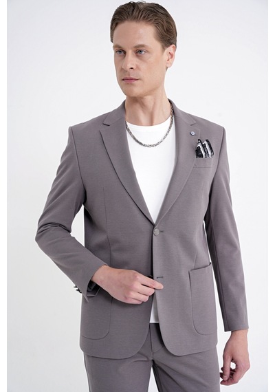 Comfort Fit Çift Yırtmaç Torba Cep Metal Düğmeli Vizon Blazer Ceket C 734