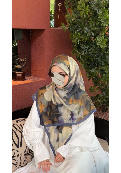 Qalortex Scarf Pamuklu Soft Meva Desen Eşarp-lacivert