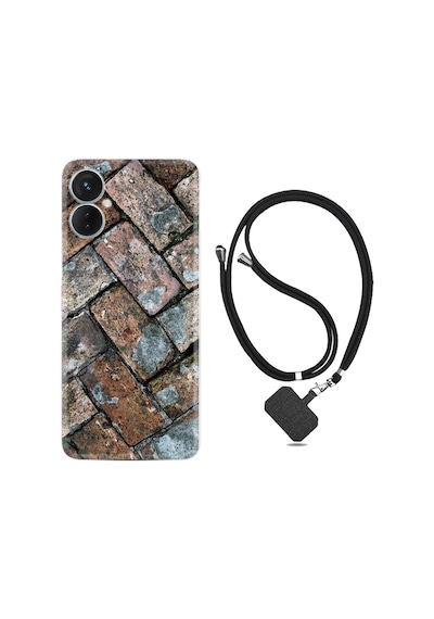 Tecno Spark 9T Kılıf İpli Boyun Askılı Desenli Silikon Retro Stone 1324