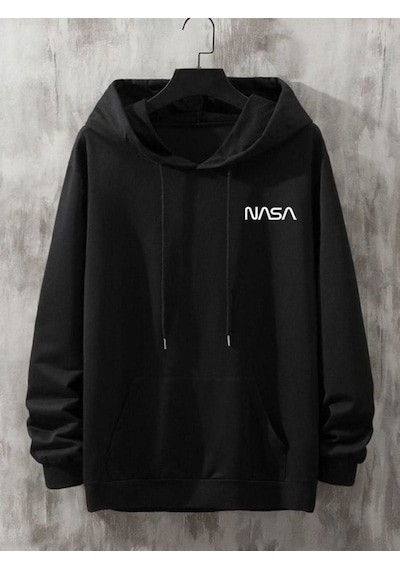 Altamira Unisex Siyah Nasa Yazı Baskılı Oversize Kapşonlu Sweatshirt 001