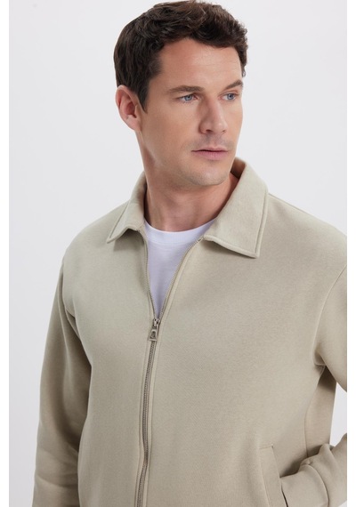 Tudors Unisex Relax Fit Rahat Kesim Pamuklu İçi Polarlı Fermuarlı Taş Polo Yaka Flato Cepli Sweatshirt Hırka-41969 Taş