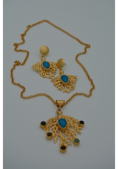 Stoneagejewellery Stoneage Altın Kaplama Bayan Kolye Turkuaz Ve Yeşim Taşlı Altın