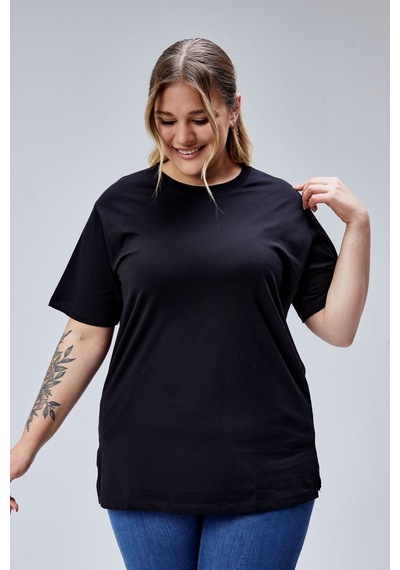 Banega Curve Büyük Beden Siyah Boyfriend Bisiklet Yaka Yırtmaçlı Pamuk Örme T-shirt Siyah