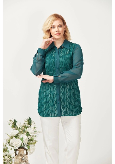 Moda Berray 3211 Simli Jakarlı Şifon Büyük Beden Şık Gömlek Yeşil Yeşil