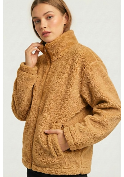 Kadın Peluş Tam Fermuarlı Cepli Sherpa Kuzu Kumaş Oversize Peluş Polar Sweatshirt Bej