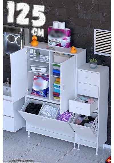 Aler 125 Cm 3 Bölme Sepetli Banyo/mutfak Dolabı - Beyaz 90+35 X160x32 Cm