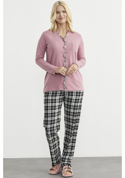 Sementa Ekose Kombinli Düğmeli Pijama Takım - Gül Kurusu Gül Kurusu