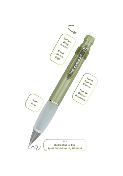 Serve Deep Versatil Kalem 07mm- Toprak Tonları - Yedekli Set Grip Ve Silgi Yaprak Yeşili Yaprak Yeşili