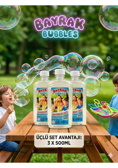 Bayrak Bubbles Baloncuk Likiti 3 Lü Set 3 X 500 Ml Büyük Boy Özel Formüllü, Leke Yapmayan Dev Baloncuk Suyu