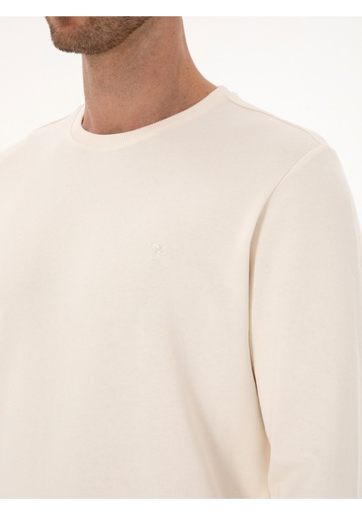 Ekru Regular Fit %100 Pamuk 3 İplik Bisiklet Yaka Sweatshirt Bej