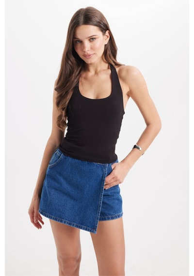 Tudors Kadın Slim Fit Pamuklu Boyundan Geçmeli Sırt Detaylı Likralı Siyah Bluz -50475