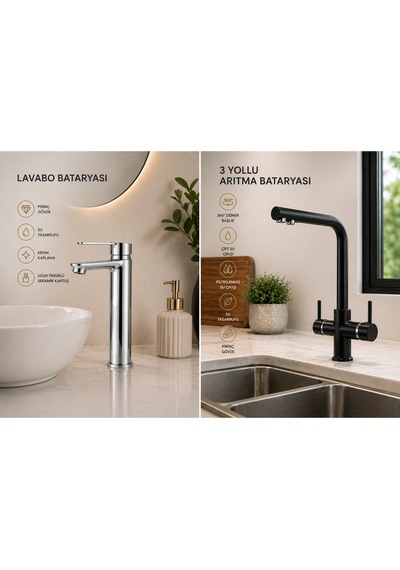 Lüx 2'li Set Krom Sabit Lavabo Bataryası Ve 3 Yollu Arıtma Musluğu Mutfak Bataryası Çeşmesi Musluğu Krom-siyah