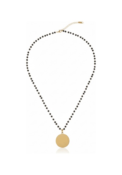 Tesbihane Kadın Çelik Kolye - İsme Özel Yazılı - Klasik Model - Siyah Zirkon Taşlı - Altın Renk