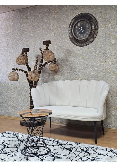 Zafir İkili Papatya Çay Seti Koltuk Siyah Boyalı Sivriltme Ayak, Balkon, Salon, Ofis, Koltuk Takımı Krem