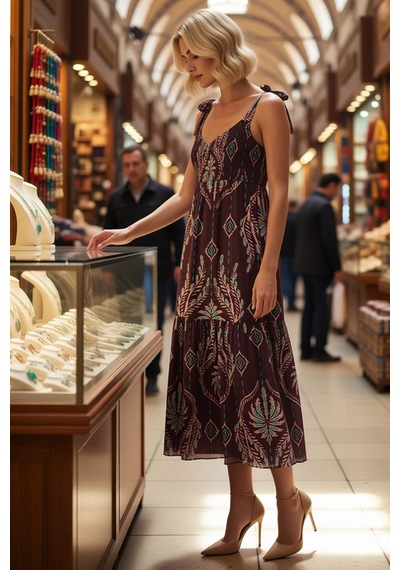 Benerly Kadın Şal Desen V Yaka İnce Askılı Şifon Maxi Elbise Belden Açıla Kahverengi Benerly Kadın Şal Desen V Yaka İnce Askılı Şifon Maxi Elbise Belden Açıla Kahverengi