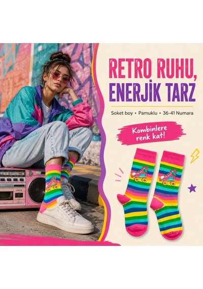 DS Wak Gökkuşağı Çizgili Retro Paten Desenli Soket Çorap Pamuklu Dikişsiz Burun 36-40 Numara Uzun Konç Çok Renkli DS Wak Gökkuşağı Çizgili Retro Paten Desenli Soket Çorap Pamuklu Dikişsiz Burun 36-40 Numara Uzun Konç Çok Renkli