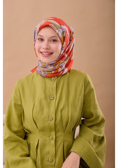 Silk Home Olinda İpek Eşarp 47003-17 Parlak Turuncu, Lila, Yağ Yeşili, Mor, Krem
