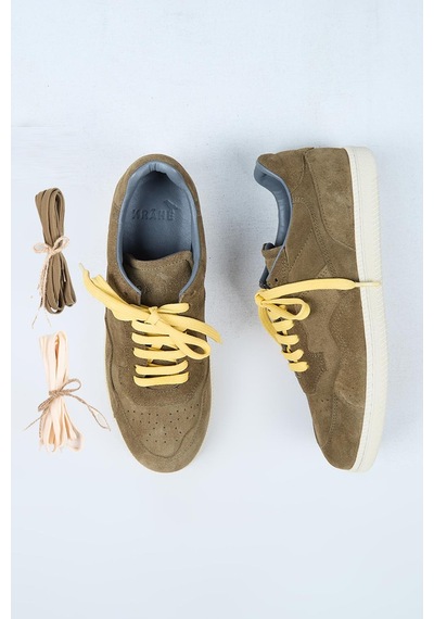 Krahe Zeus Erkek Hakiki Deri El Boyamalı Bağcık Ve İki Yedek Bağcıklı Haki Sneakers