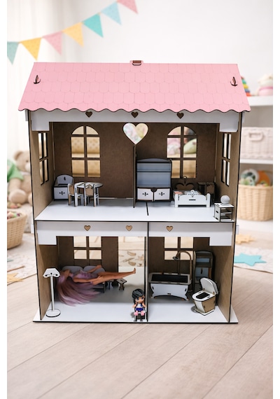 Ahşap Oyuncak Oyun Evi Eğlenceli Ve Eğitici Tasarım Pembe-beyaz
