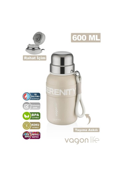 Vagonlife Çelik Termos Matara 600 Ml - Bej Standart Krem