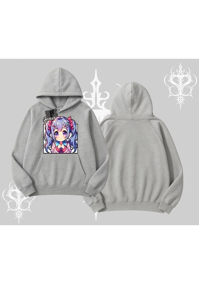 Startmore Kapşonlu Sweatshirt Hello Anime Kız Sevimli Karakter Baskılı Gri