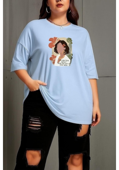 Benroma Büyük Beden Renkli Kadın Baskılı Unisex Tişört Bebe Mavisi