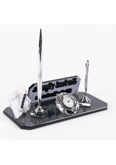 Athos Gümüş Kristal Ofis Masa İsimliği Kalemli Kabartma Yazılı