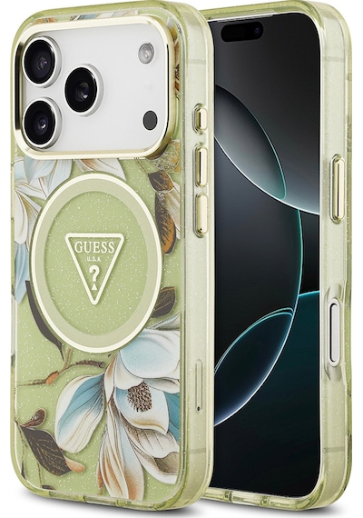 Apple Uyumlu iPhone 17 Pro Kılıf Guess Lisanslı M-safeli Simli Çiçek Desenli Metal Kamera Çerçeveli Kapak Yeşil Yeşil