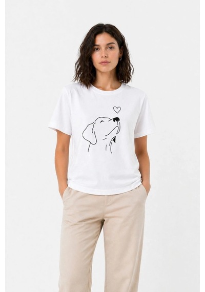 Wear Vexel Kadın Köpek Figürlü Minimal Baskılı Tişört Kısa Kol Yazlık T-shirt - Beyaz Beyaz