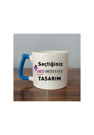 Seçtiğin Tasarım & Isim Baskılı Mavi Kulplu Prime Kupa Bardak Fincan Mug Prime Kupa - Mavi Kulp