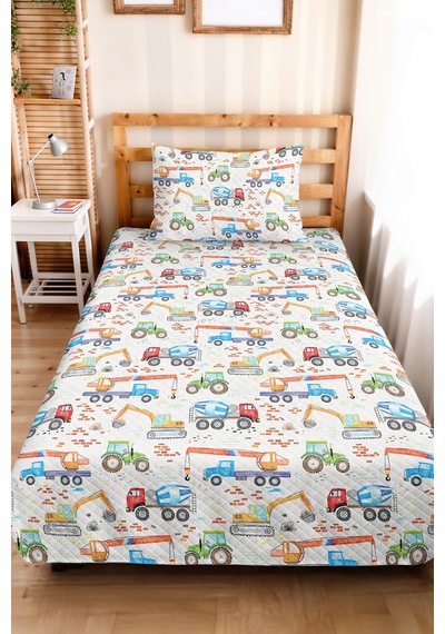 Evimde Bambaşka İş Makinesi Mavi Erkek Çocuk Pike Takımı - Renkli Araç Temalı Bebek Odası Yatak Örtüsü - 160x220  CM