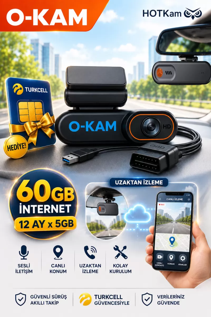 O-kam Araç Içi Kamera Uzaktan Araç Kamerasını İzleme 1080p Kamera Gps +1 Yıl Turkell İnternet