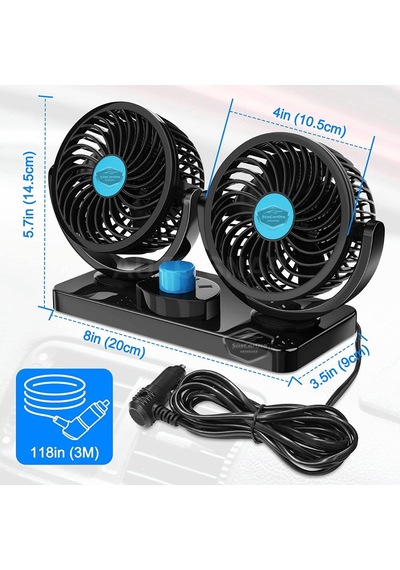 Üniversal Oto Ofis Araç İçi Torpido Üstü Vantilatör Çift Başlıklı Çakmaklık Girişli 2 Kademeli Soğutucu Fan 360 Dönebilen Ultra Sessiz Araç Fanı 12v Mavi 00 Şüscaroto Aksesuar