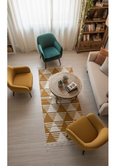 Hardal Geometrik Desenli Modern Kilim - Makinada Yıkanabilir Renkli