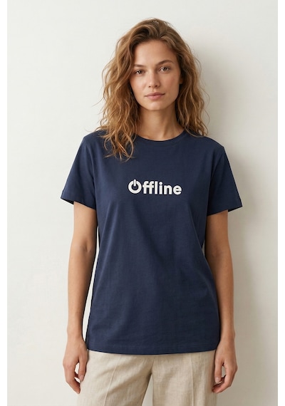 Elemge %100 Pamuk Süprem Pijama Üstü T-shirt Compact Penye Kadın Regular Fit Lacivert Kısa Kol Offline Bask