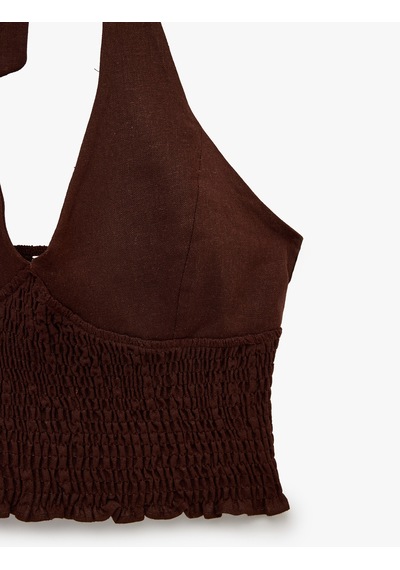 Koton Keten Karışımlı Halter Yaka Boyundan Bağlamalı Gipeli Crop Top Kahverengi 6sal30008ıw Kahve