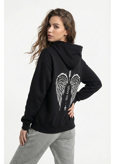 Nevermind Unisex His Angel & Her Guardian Baskılı Sevgili Kombini Hoodie Se Siyah