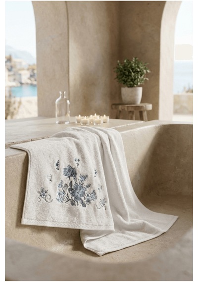 Bambu Pamuk Çiçek Nakışlı 50 X 90 Cm Nakışlı El Havlusu Beyaz