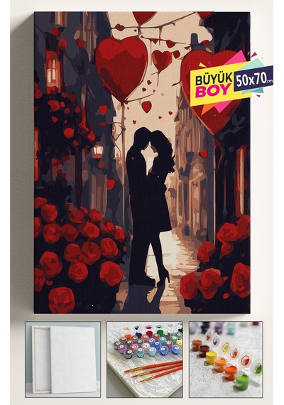 Sayılarla Boyama Seti Numaralı Tuval Fırça Boya Dahil Kasnaklı Set 50x70 Cm - Sevgililer Gölge